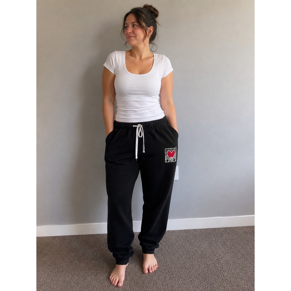 Keith Haring Black Drawstring Sweatpants Joggers XXL Heart Pockets Lounge  A28